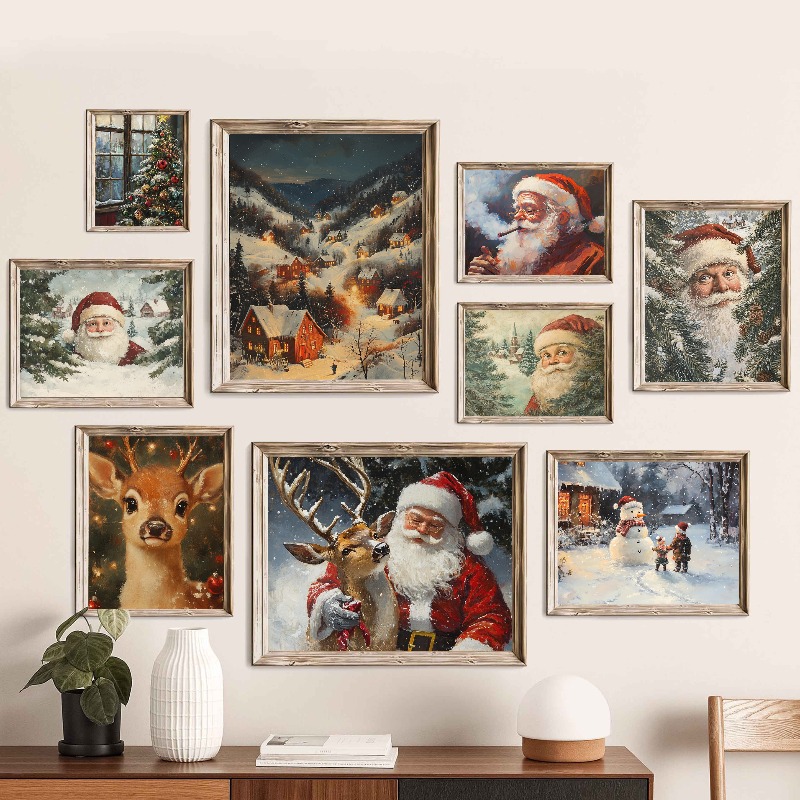 Home Decor Xmas Tree - Vintage Noel Duvar Sanatı Baskısı, Karlı