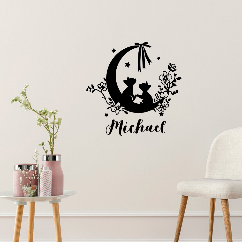 Home Decor Sticker - 1 adet renkli kedi çiçek ay